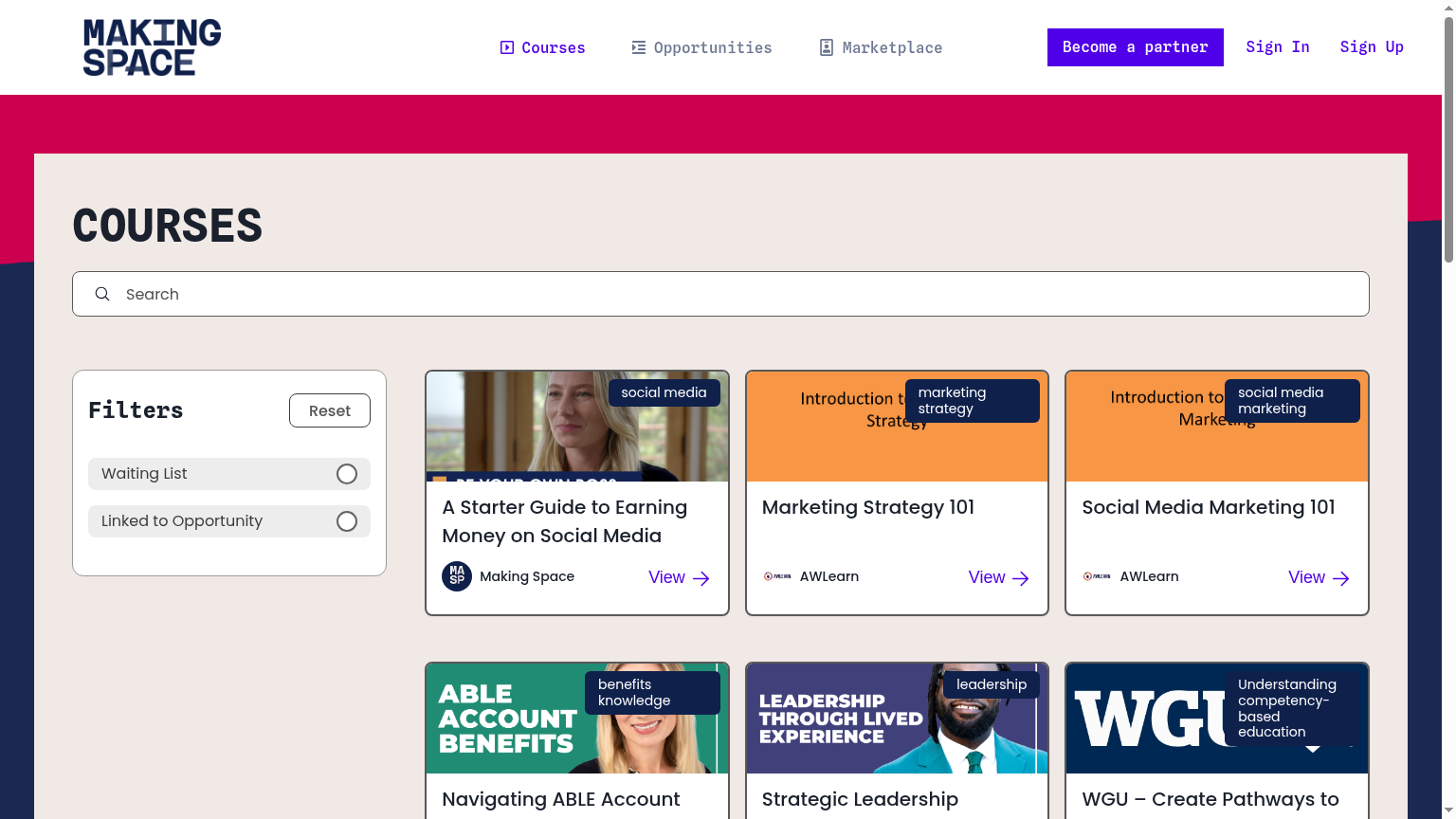 Making Space Courses page showing learning content on accessibility, leadership and marketing